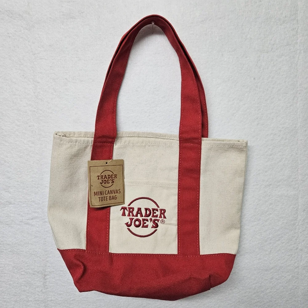 Trader Joe’s Canvas Mini Tote Bag Red with Pockets New NWT